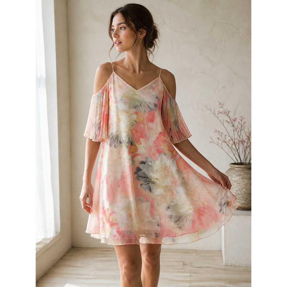 Floral‎ Chiffon Cold Shoulder Dress Pink Pleated Sleeve Size 6